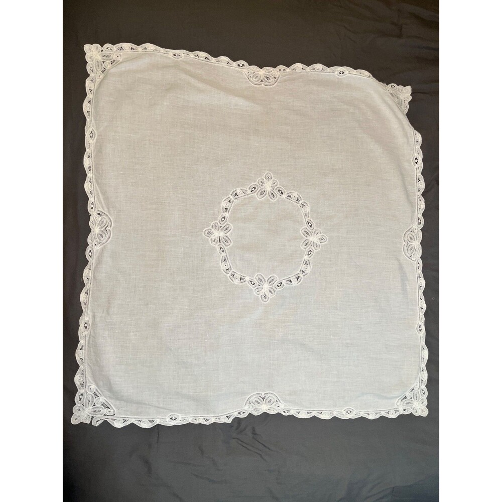 Vintage Handmade White Linen Square Tablecloth 36" Cutwork Richelieu Tea Topper